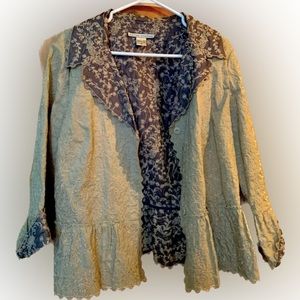 Beige grey and slate blue Peter Nygard size 14 round collar frill around waist